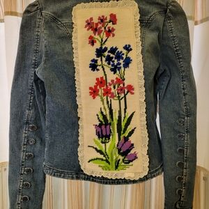 Upcycled Vintage Denim Jacket With Floral Needlepoint